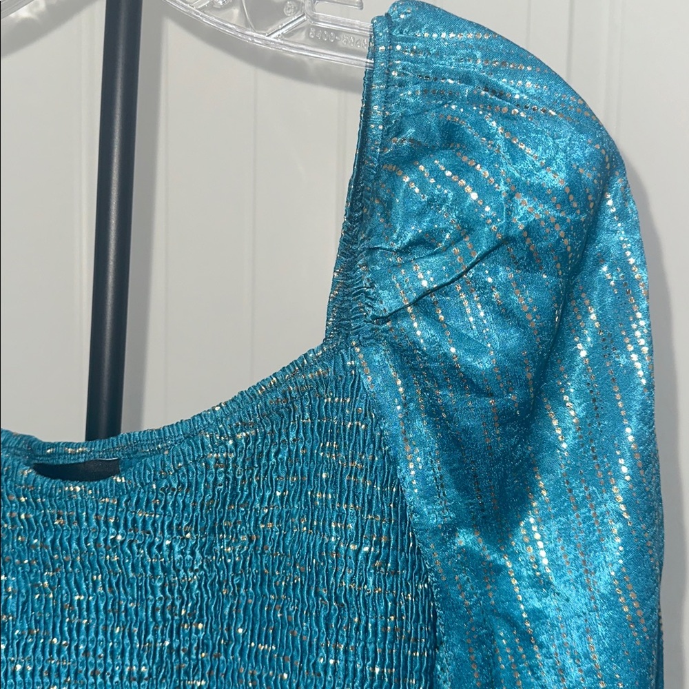 VICI Shine On Metallic Turquoise Baby Doll Smocked Top Tiered Mini Dress Size S - Picture 11 of 14